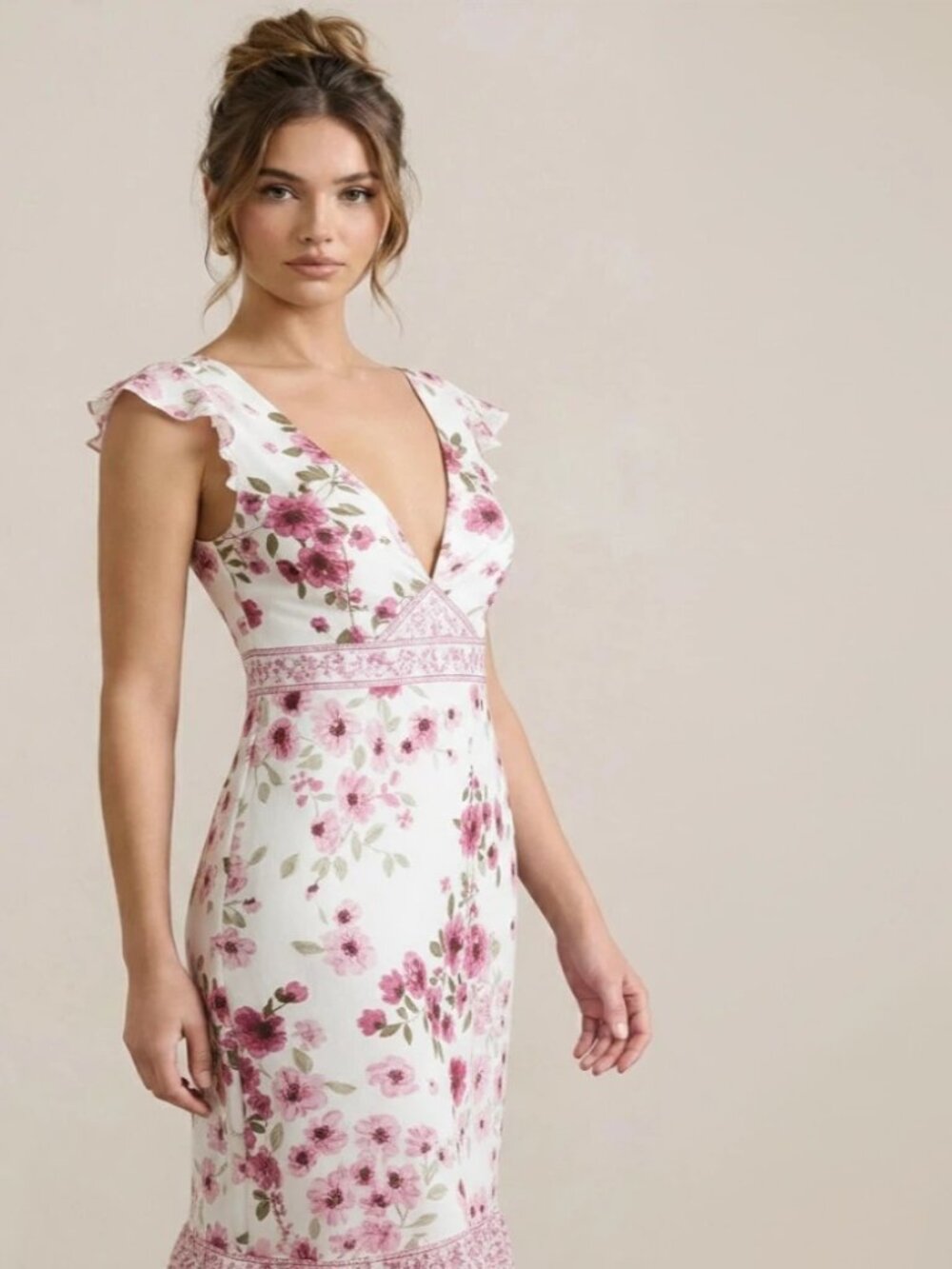 New York & Co White & Pink Floral Midi Dress w Flutter Sleeve NWT SZ 6